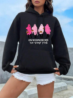 Stylish Women's Ghost & Letter Print Hoodie - Casual Drop Shoulder Sweatshirt with Pockets for Fall & Winter Adventures
