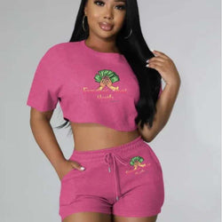 Women Clothing Casual Solid Color Jogger Biker Short Set Crop Top Two Piece Sets