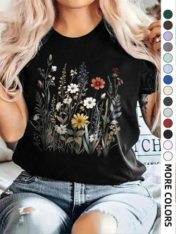 Women'S Floral Print round Neck Tee, Casual Drop Shoulder Short Sleeve T-Shirt, Ladies Summer Clothes, Tops for Women, Clothing