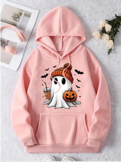 Women'S Ghost Print Thermal Lined Hoodie, Fashion Casual Drawstring Pocket Hooded Sweatshirt for Daily Holiday Outdoor Wear, Women Clothing for Fall & Winter Halloween