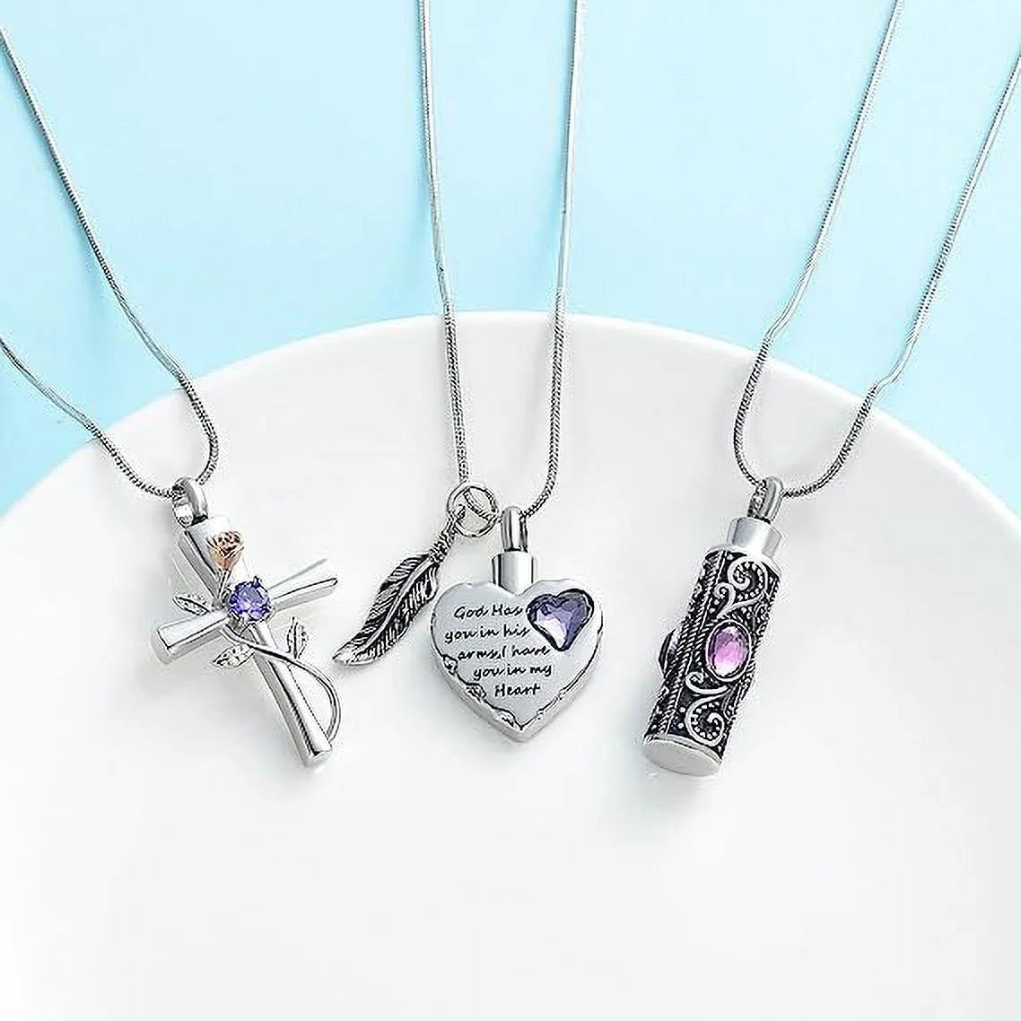 Cylinder Cross Heart Memorial Urn Necklace, Stainless Steel, 3 Pieces Set