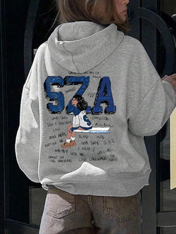 Women'S Letter & Characters Print Drop Shoulder Drawstring Pocket Hoodie, Fashion Casual Hooded Sweatshirt for Daily Wear, Women Clothing for Fall & Winter