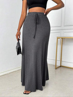 Plus Size Elegant A-Line Skirt with Drawstring Waist - Stylish Casual Long Skirt for All Seasons