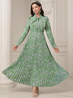Women'S Floral Print Tie Neck Long Sleeve Vintage A-Line Dress, Summer Clothes Women, Elegant Flared Long Maxi Dresses for Spring & Fall, Women Clothing